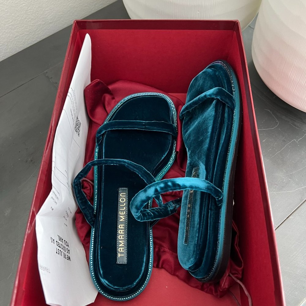 NWT Tamara Mellon Velvet Slide Sandal in Emerald Green Size 37 US 6.5
